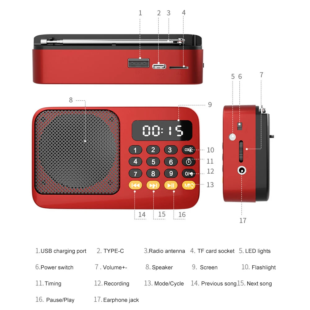 Portable Radio Music Player Handheld Rechargeable Digital FM USB TF MP3 Player Speaker Devices Supplies with LED Display Radio ﻿