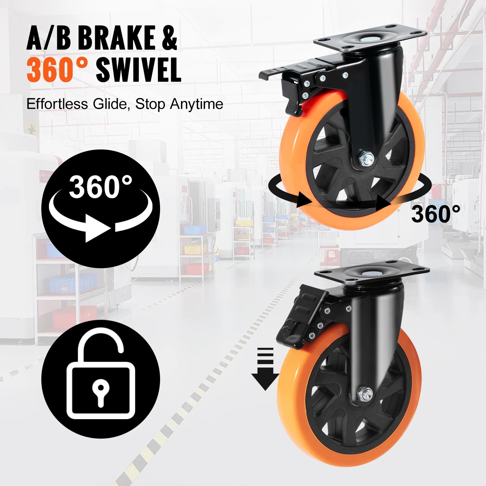 Succebuy 2-6In PVC Furniture Caster Wheels Set of 4 Swivel Plate Casters with Security A/B Lock Non-Marking for Cart Workbench