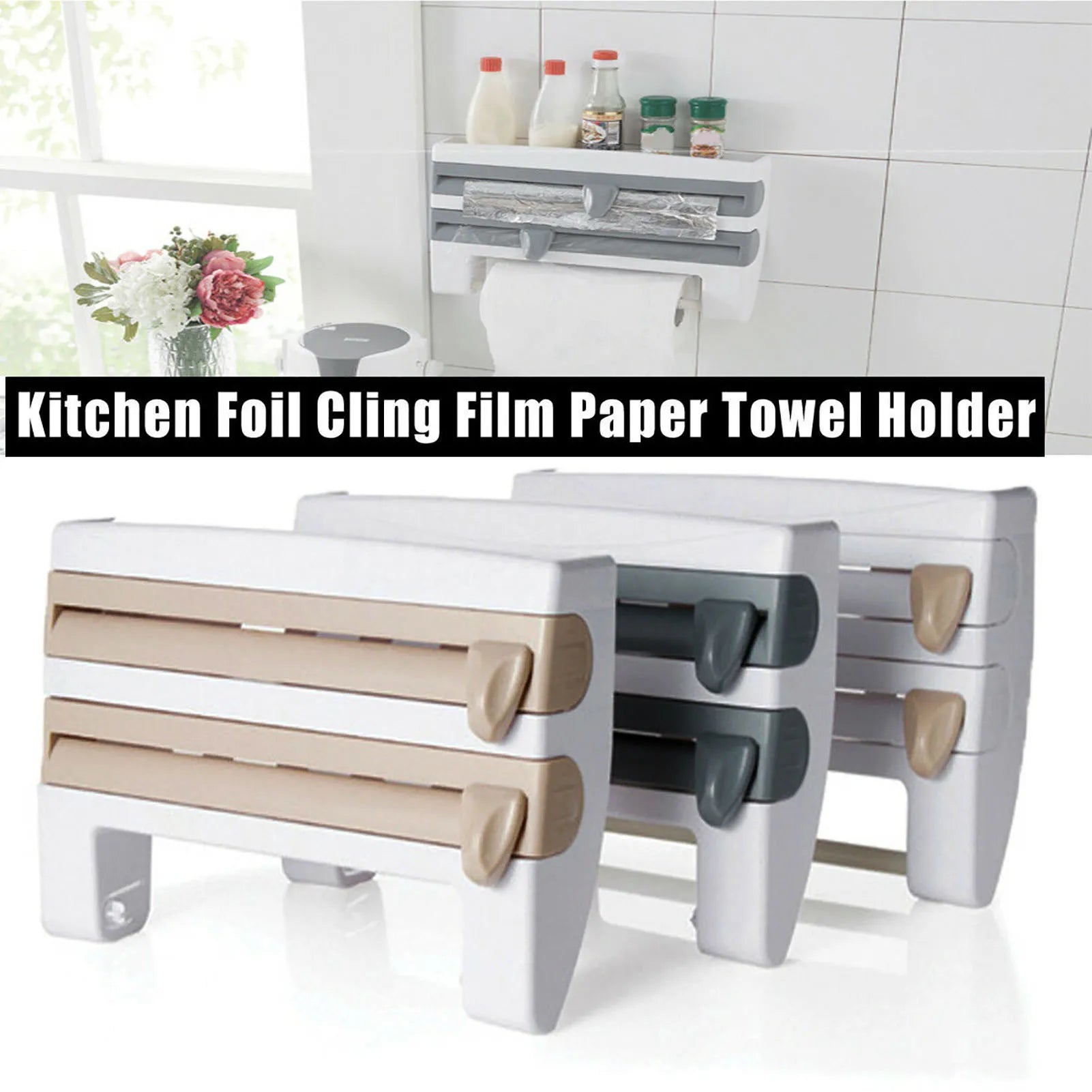 Cling Film Paper Towel Holder Kitchen Cling Film Holder Ergonomic Design High Sharpness Blade ABS Wall Mounted for Apartment