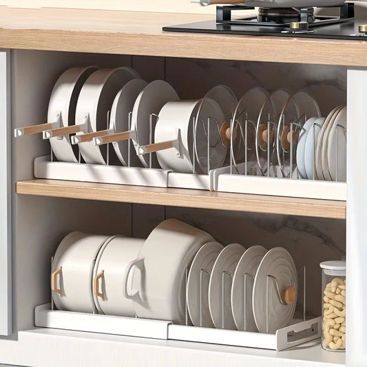 Expandable Kitchen Cabinet Pot Organizer Rack, Adjustable Divider, Multi-Purpose Pots and Pans Storage Solution