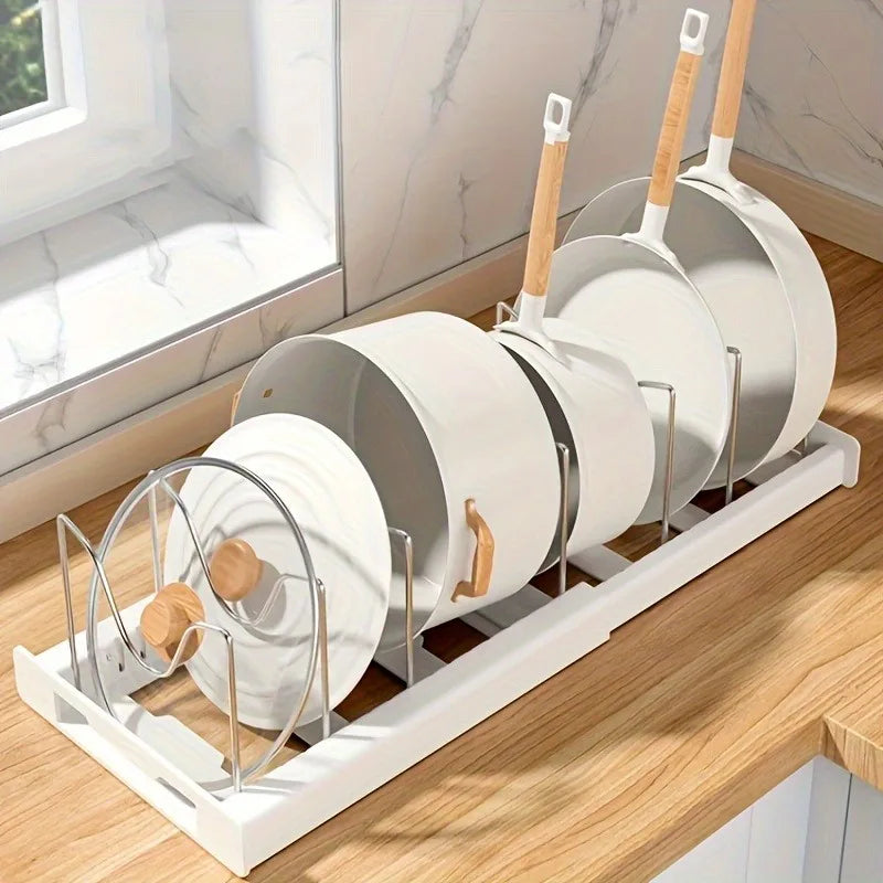Expandable Kitchen Cabinet Pot Organizer Rack, Adjustable Divider, Multi-Purpose Pots and Pans Storage Solution