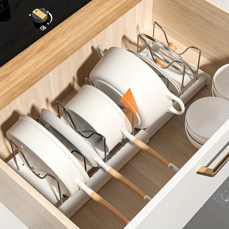 Expandable Kitchen Cabinet Pot Organizer Rack, Adjustable Divider, Multi-Purpose Pots and Pans Storage Solution