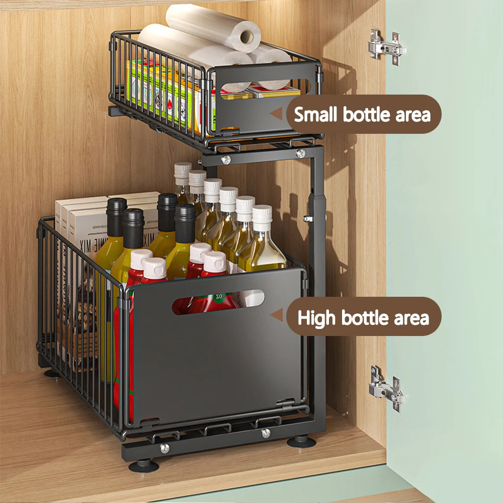 2 Tier Pull Out Cabinet Organizer Adjustable Kitchen Storage Rack under Sink Organizer Spice Jar Storage Rack Slide Out Drawer