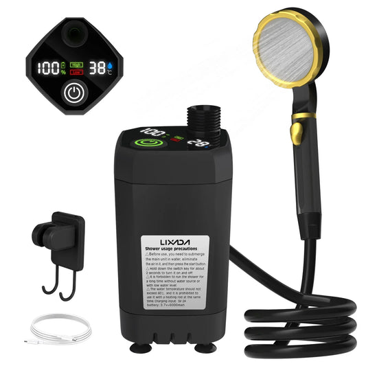 Camping Shower Pump RV Outdoor Shower Kit Camp Shower W/Full Screen Intelligent Digital Display Adjustable 6000Mah Shower Kit