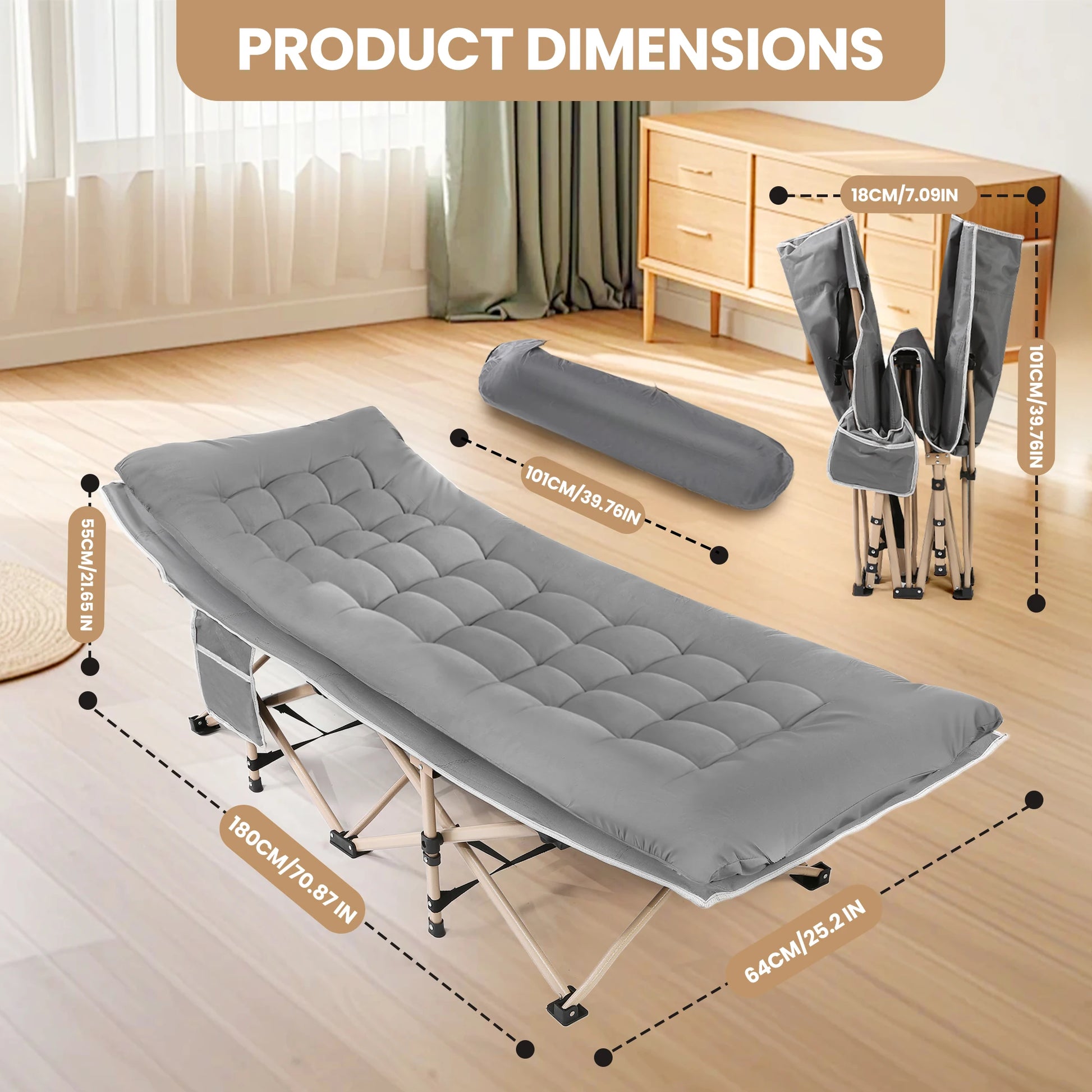Folding Camping Beds for Adults, Heavy Duty Sturdy Camp Bed with Thick and Soft Mattress, Stronge Thicker Tubes Sleeping Bed