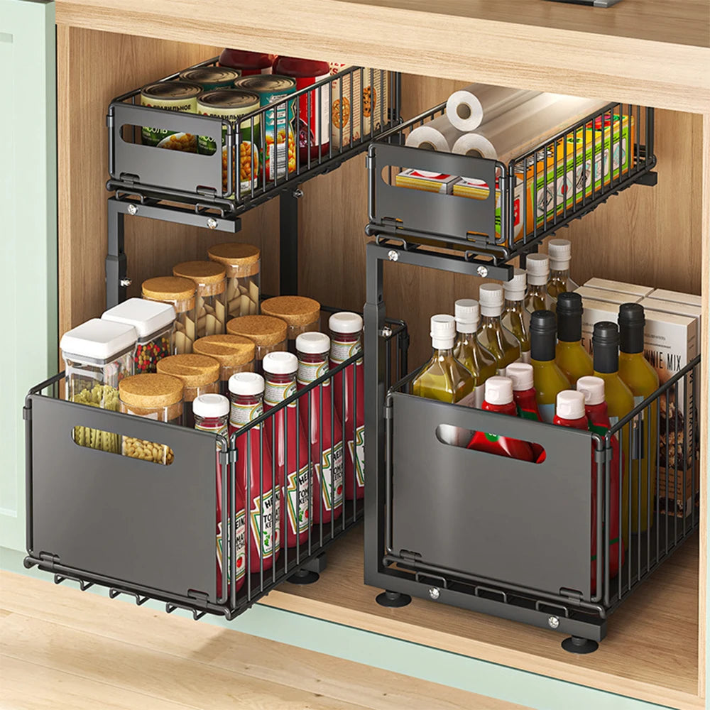 2 Tier Pull Out Cabinet Organizer Adjustable Kitchen Storage Rack under Sink Organizer Spice Jar Storage Rack Slide Out Drawer