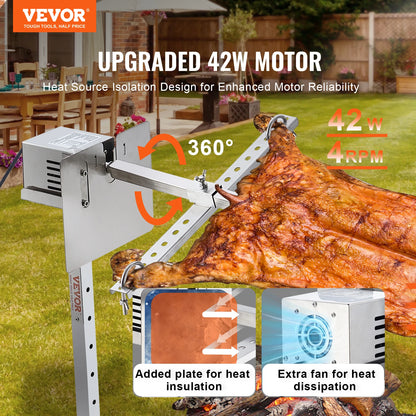 Succebuy Electric BBQ Rotisserie Grill Kit Automatic 42Wmotor Height Adjustable Universal Roaster Stand Spit Rod Withheat Shield
