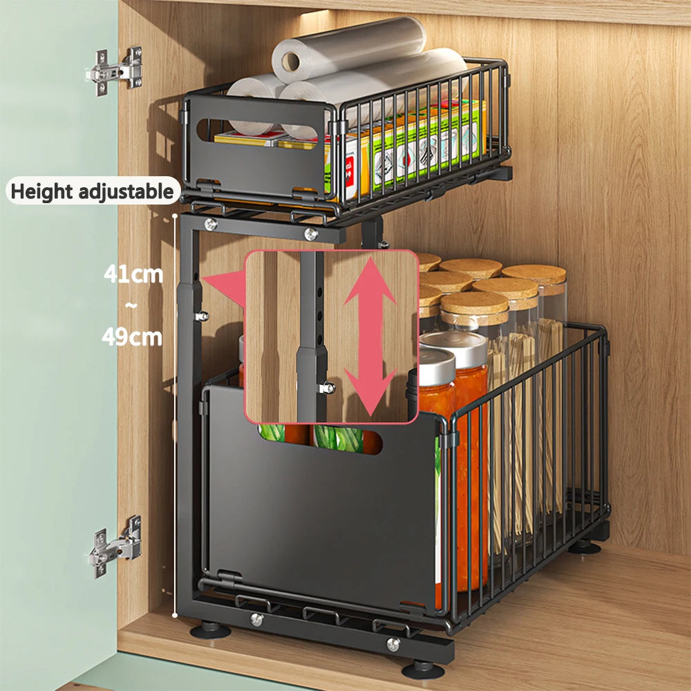 2 Tier Pull Out Cabinet Organizer Adjustable Kitchen Storage Rack under Sink Organizer Spice Jar Storage Rack Slide Out Drawer