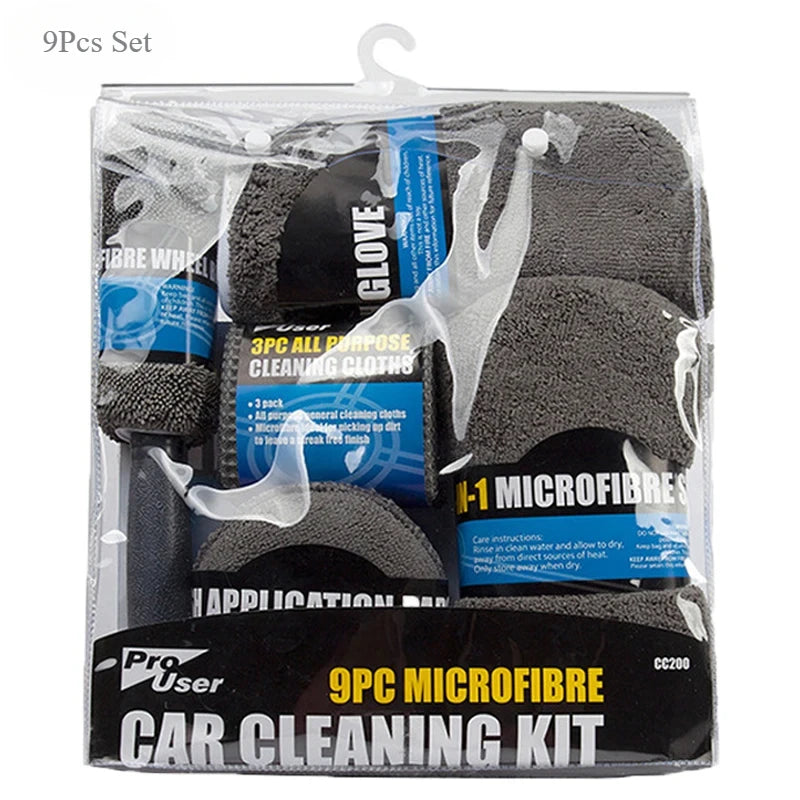 9Pcs Car Wash Cleaning Set Microfiber Towels Blush Sponge Wash Glove Polish Care Applicator Pads Auto Detailing Washing Tools
