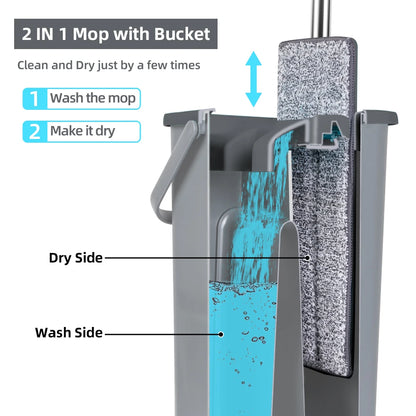Hand Free Flat Floor Mop and Bucket Set for Professional Home Floor Cleaning System with Washable Microfiber Pads for Hardwood