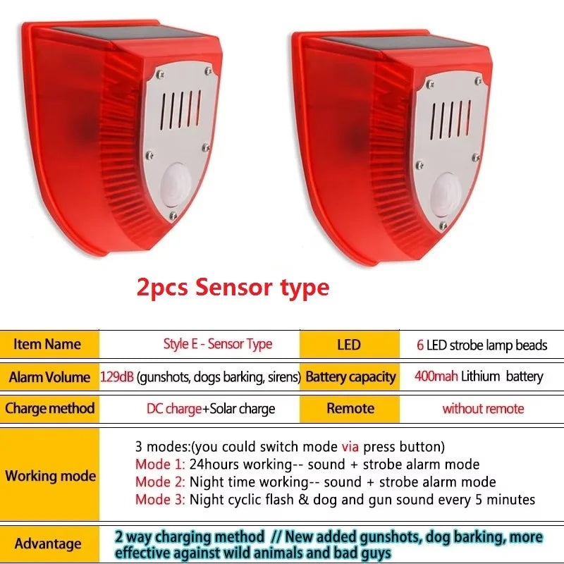 1/2Pcs Solar Alarm Light IP65 Waterproof Motion Sensor Alarm Lamp Outdoor Garden Dog Barking Animal Driver Securityfor Farm Yard