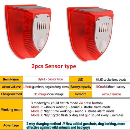 1/2Pcs Solar Alarm Light IP65 Waterproof Motion Sensor Alarm Lamp Outdoor Garden Dog Barking Animal Driver Securityfor Farm Yard