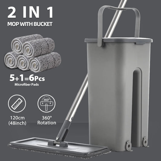 Hand Free Flat Floor Mop and Bucket Set for Professional Home Floor Cleaning System with Washable Microfiber Pads for Hardwood