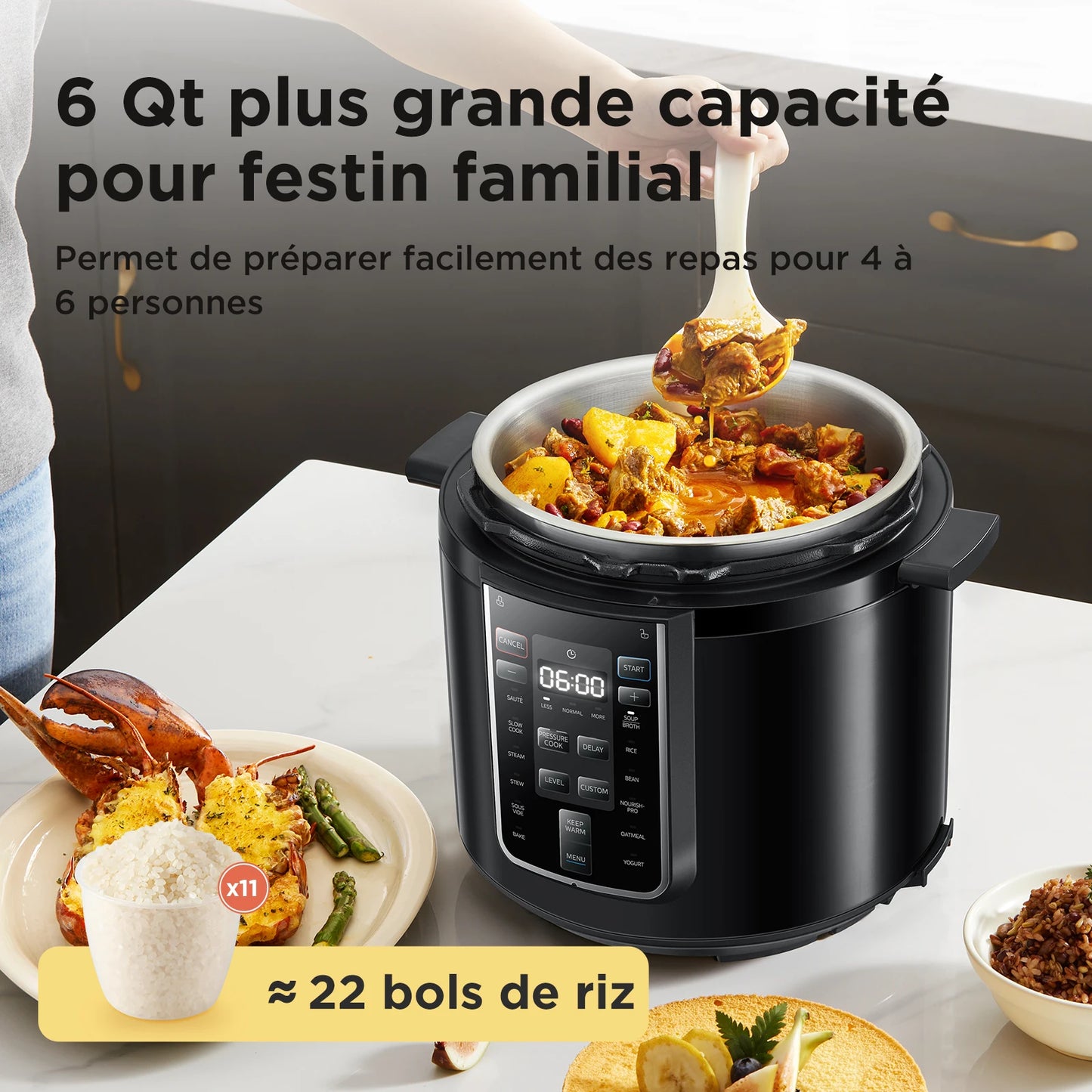 Quick Electric Pressure Cooker 9-In-1 12 Predefined Programs Instant Stainless Steel Multicooker, Anti-Stick Pot, 6L, Black