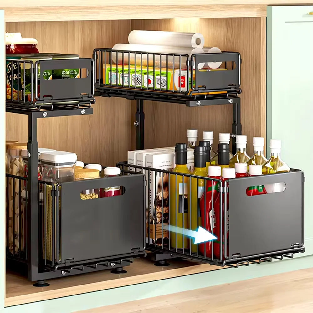2 Tier Pull Out Cabinet Organizer Adjustable Kitchen Storage Rack under Sink Organizer Spice Jar Storage Rack Slide Out Drawer