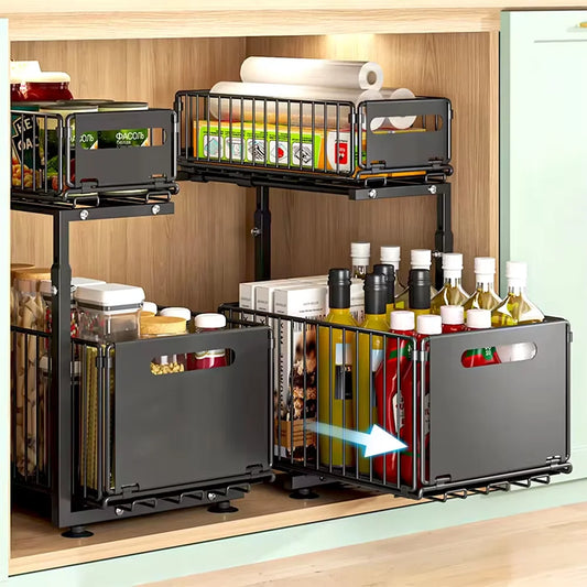 2 Tier Pull Out Cabinet Organizer Adjustable Kitchen Storage Rack under Sink Organizer Spice Jar Storage Rack Slide Out Drawer