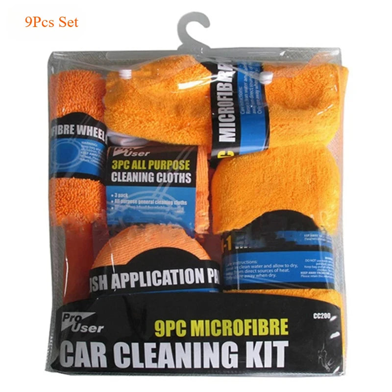 9Pcs Car Wash Cleaning Set Microfiber Towels Blush Sponge Wash Glove Polish Care Applicator Pads Auto Detailing Washing Tools