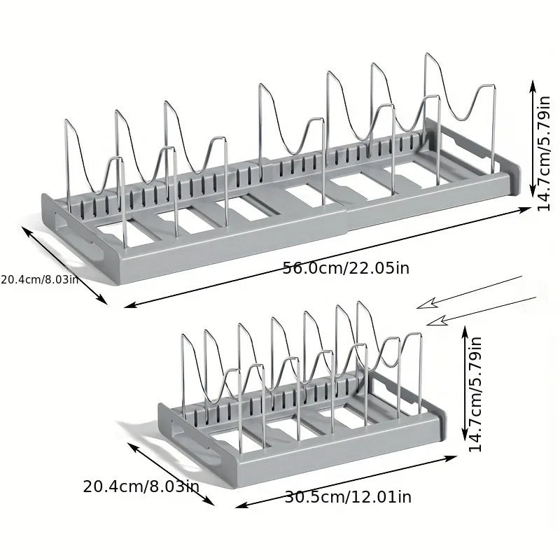 Expandable Kitchen Cabinet Pot Organizer Rack, Adjustable Divider, Multi-Purpose Pots and Pans Storage Solution