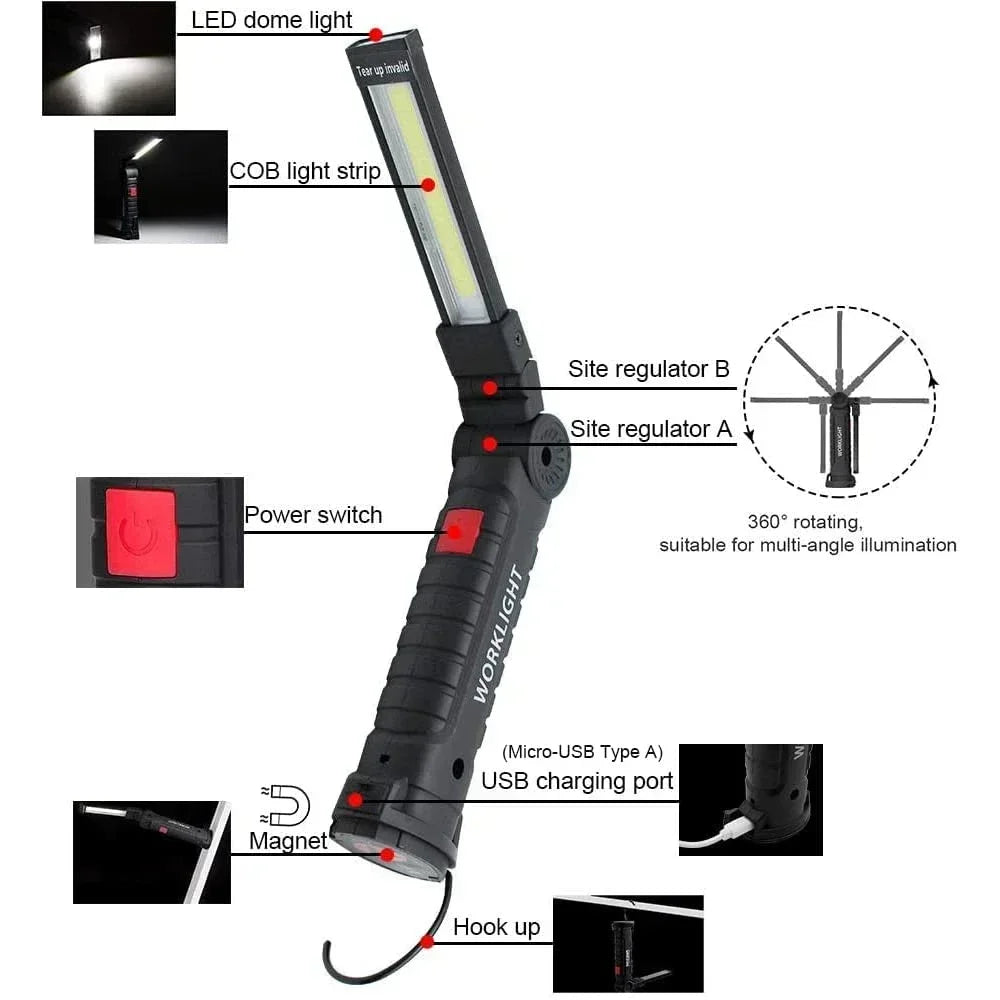 Multifunctional Folding Work Light Portable Camping Light USB Rechargeable Flashlight with Built-In Battery Magnetic Lamp