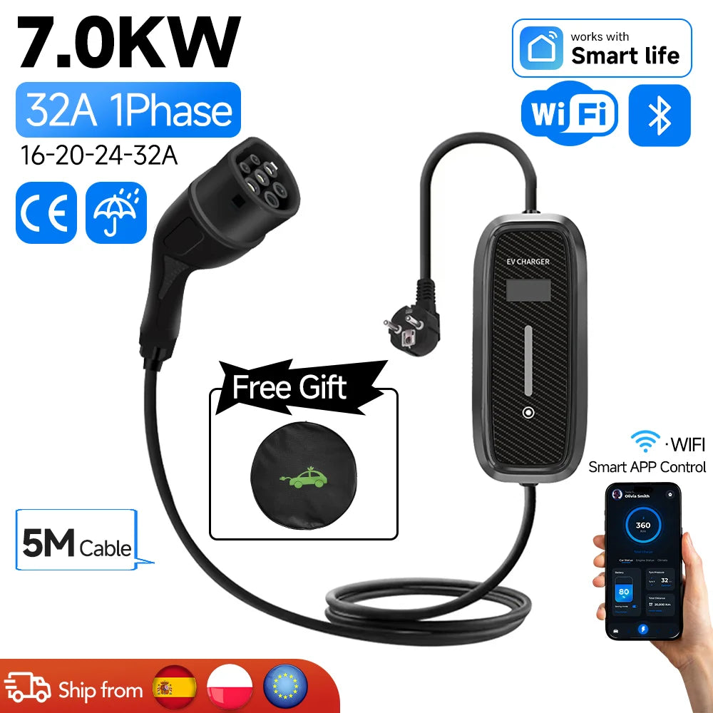 7KW Electric Car Charger Type2 Portable EV Charger Wifi APP BT Control EVSE Charging Box Charging Station 5M Cable