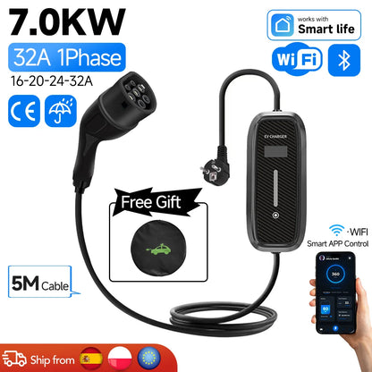 7KW Electric Car Charger Type2 Portable EV Charger Wifi APP BT Control EVSE Charging Box Charging Station 5M Cable