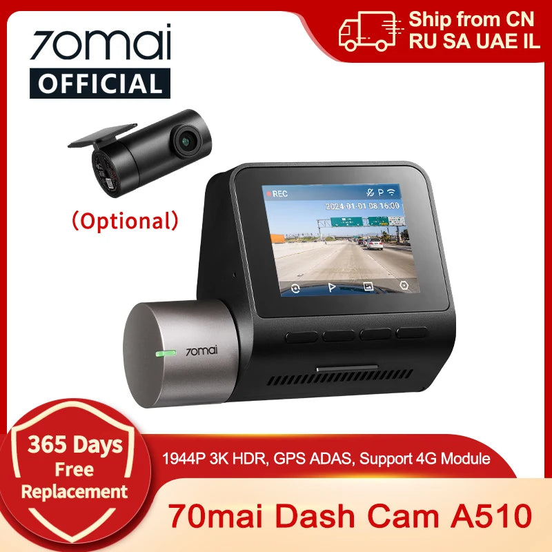 2024 New  Dash Cam A510 1944P HDR GPS ADAS 4G Connectivity  4G Front Cam A510 Car DVR 24H Parking Support Rear Cam