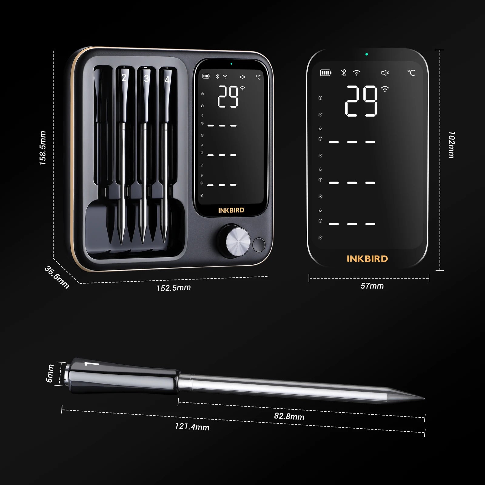 INT-14-BW Three-Mode Wireless BBQ Thermometer with 4 Probes IP67 Waterproof Wifi Bluetooth Meat Thermometer for BBQ Oven
